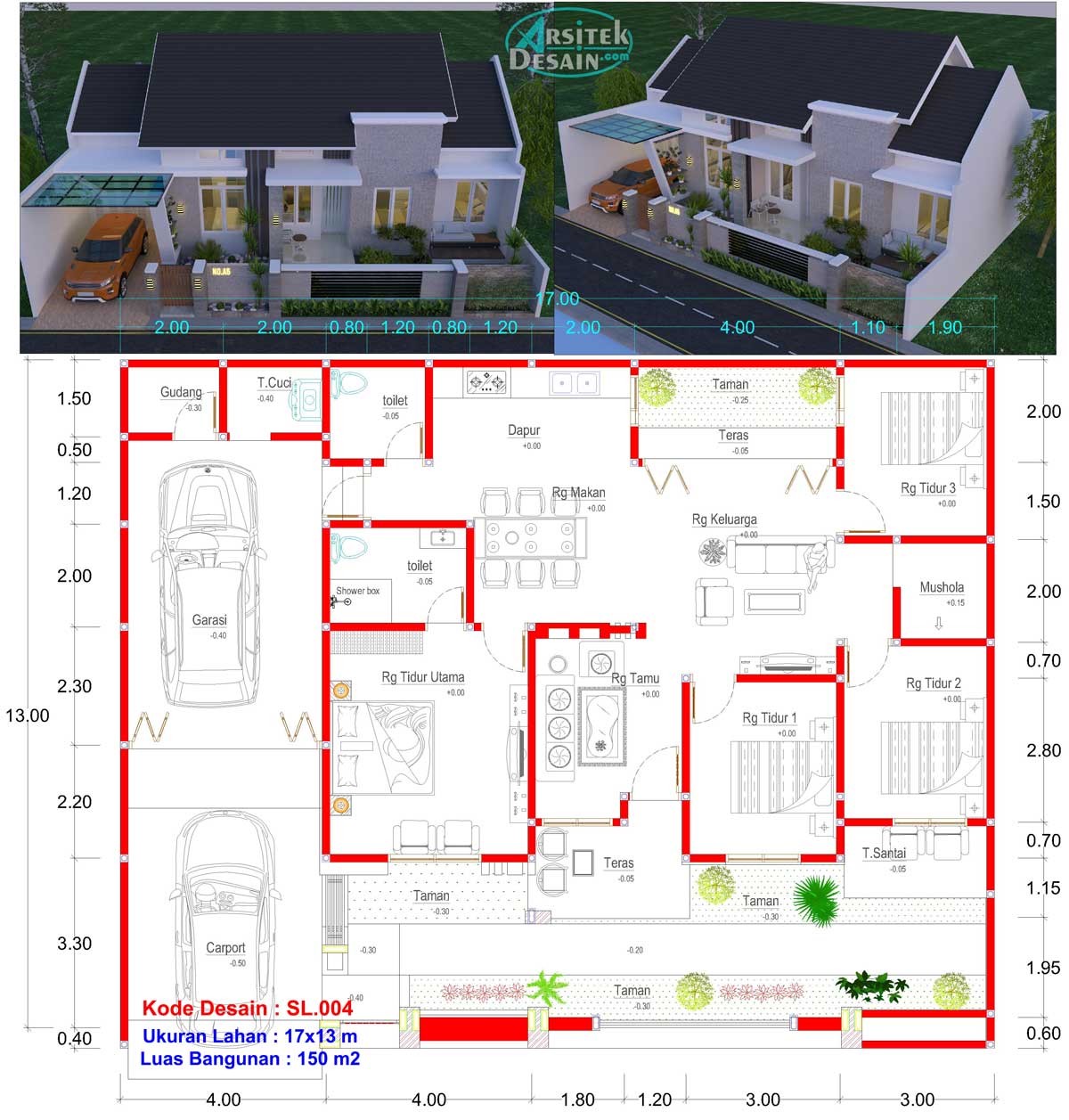 gambar denah desain rumah mewah 1 lantai type 150 dengan 4 kamar tidur