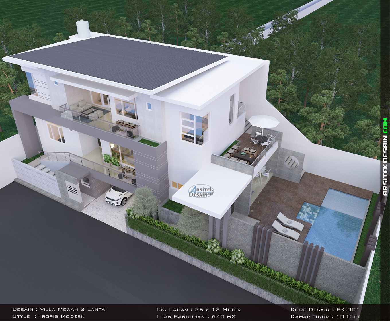 desain villa mewah modern 3 lantai dan kolam renang minimalis