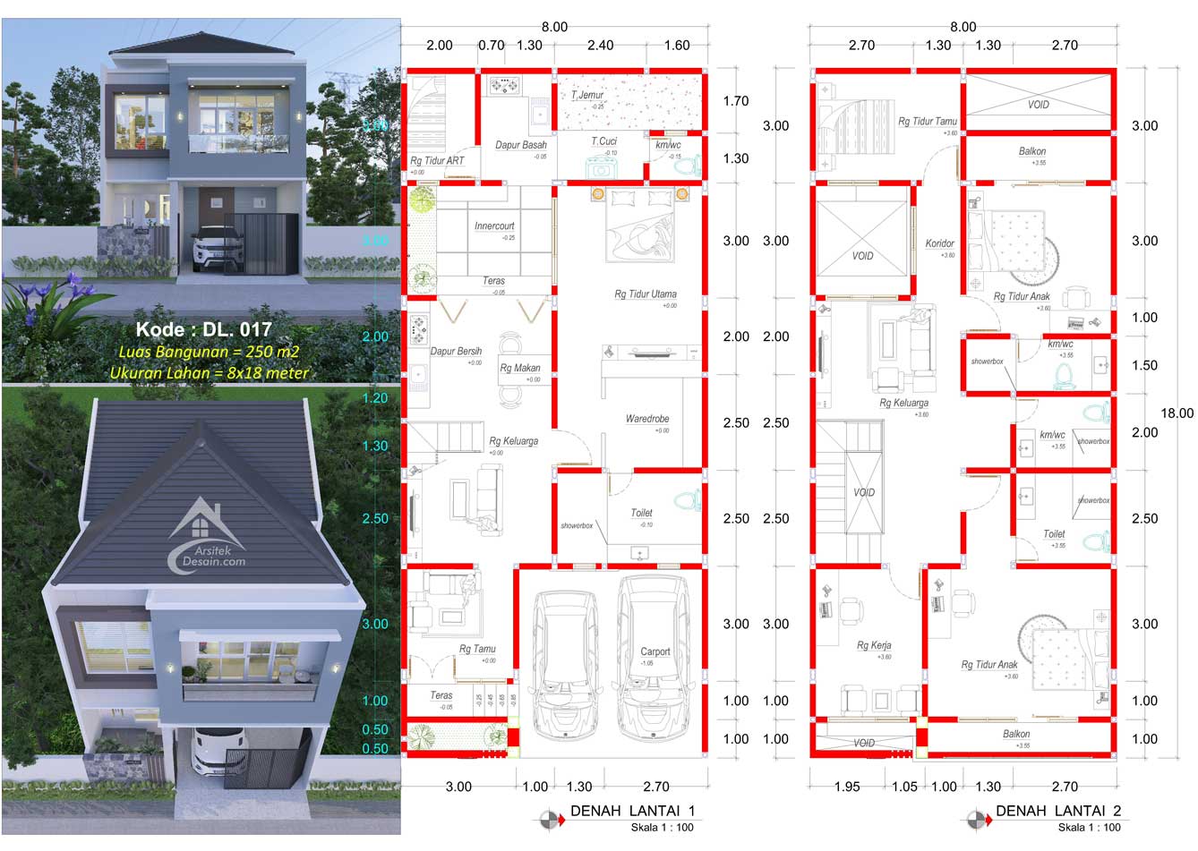 denah desain rumah minimalis sederhana 2 lantai ukuran lahan lebar 8 x 18 meter 5 kamar tidur
