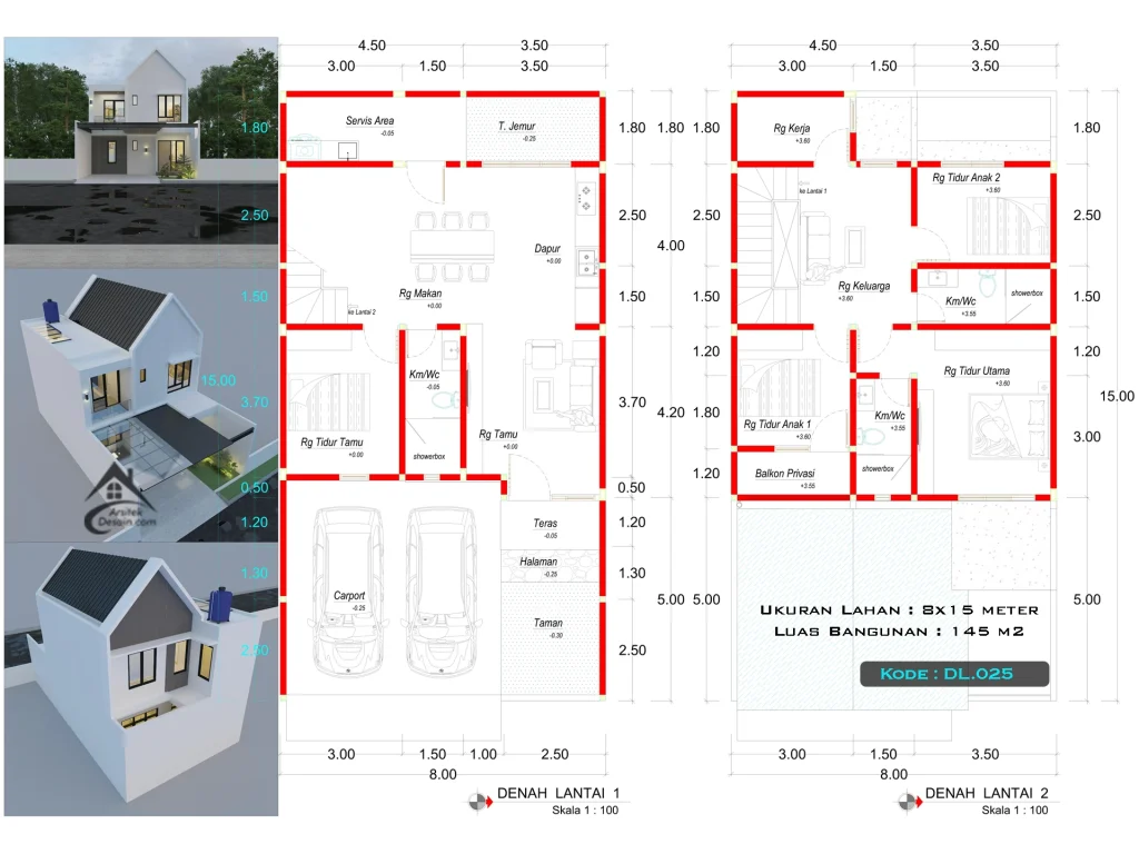 gambar denah rumah scandinavian 2 lantai ukuran 8x15 meter 4 kamar tidur minimalis