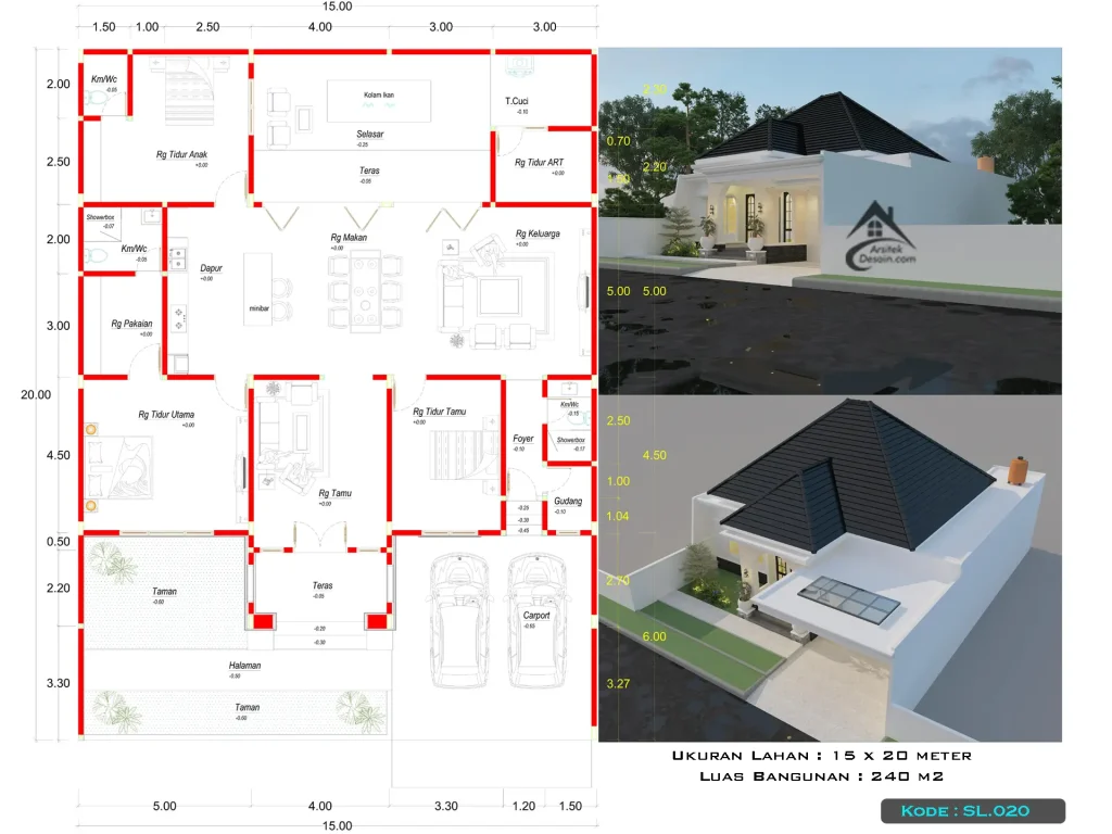 gambar denah desain rumah klasik lahan ukuran lebar 15 x 20 meter 1 lantai 4 kamar tidur
