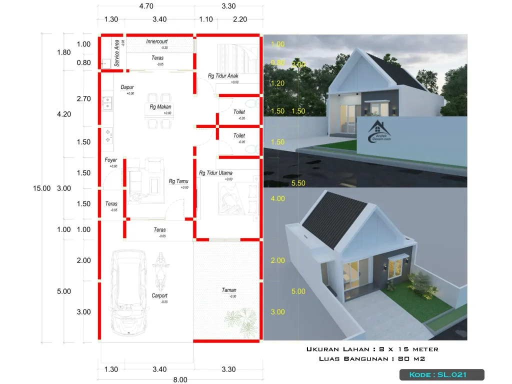 denah rumah 1 lantai ukuran lebar 8 x 15 meter type 80 minimalis 2 kamar tidur