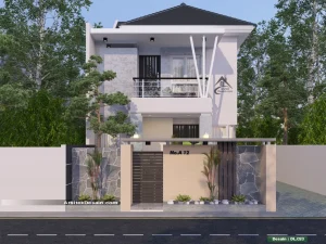 desain rumah dan kantor workshop 2 lantai minimalis sederhana industrial modern lebar 9 meter