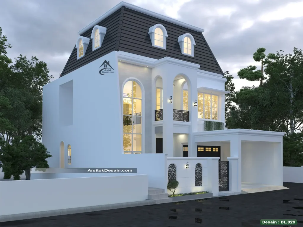 fasad desain rumah mewah american klasik modern 2 lantai ukuran 11 x 18 meter elegan