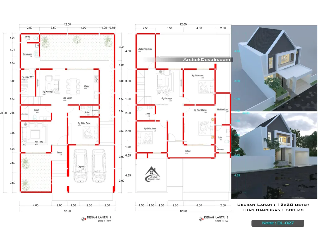 gambar denah rumah 2 lantai ukuran lebar 12 x 20 meter 5 kamar tidur
