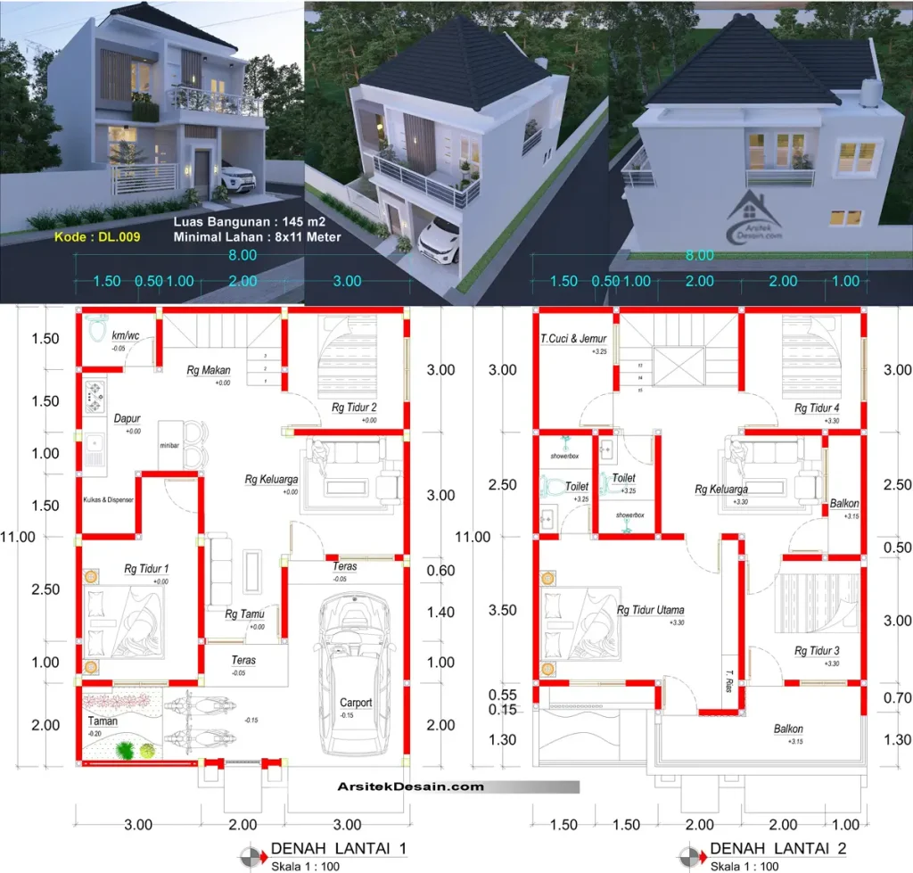 gambar denah desain rumah minimalis 2 lantai ukuran 8x11 meter hook 5 kamar tidur