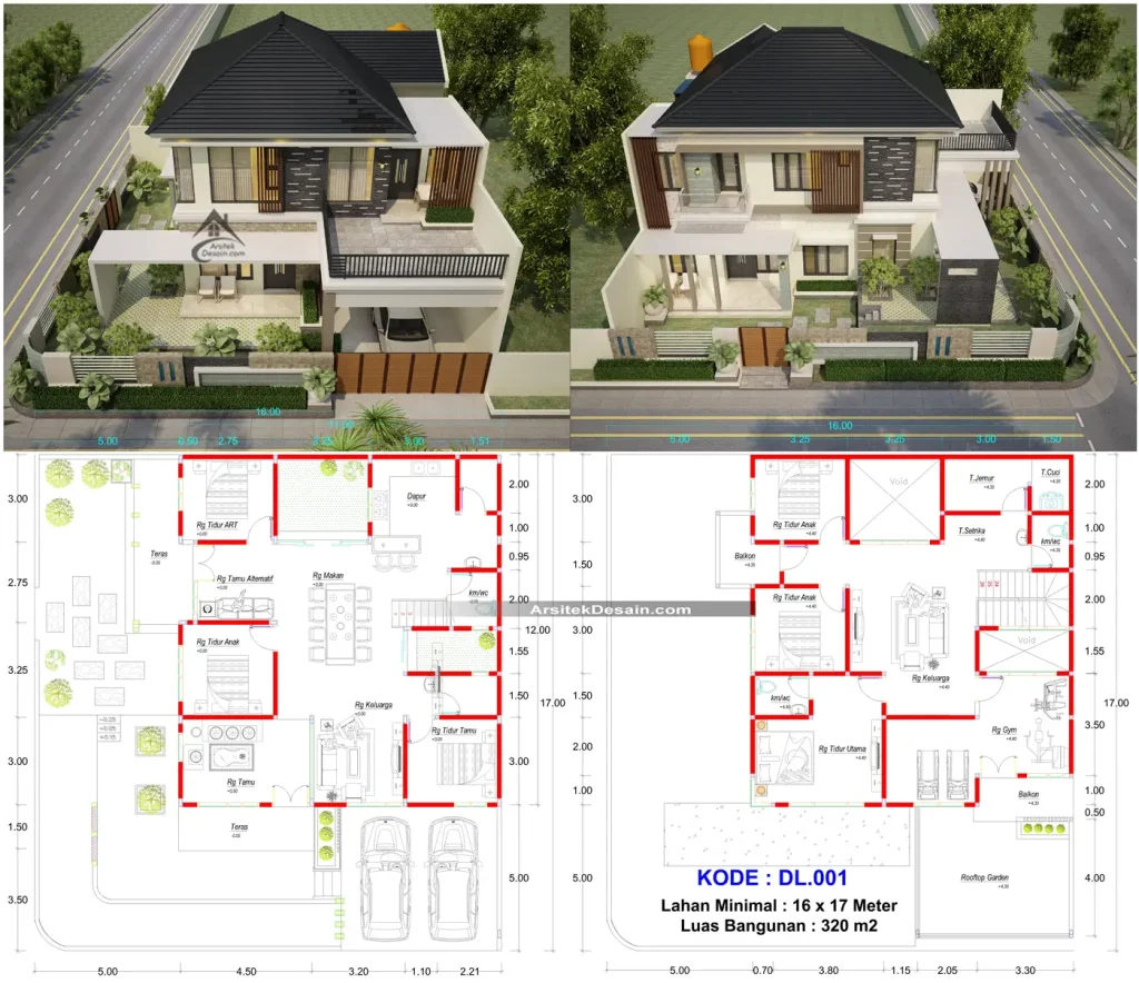 Gambar denah rumah 2 lantai besar lahan ukuran 16 x 17 meter hook 6 kamar tidur ada ruang gym