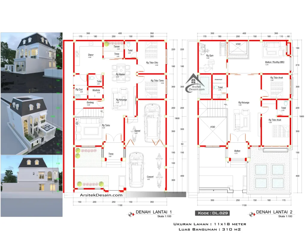 gambar denah rumah 2 lantai lahan ukuran lebar 11 x 18 meter hook 4 kamar tidur ada ruang gym dan balkon besar