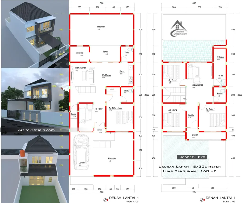 gambar denah rumah 2 lantai ukuran lebar 8 x 20 meter 4 kamar tidur dan mushola